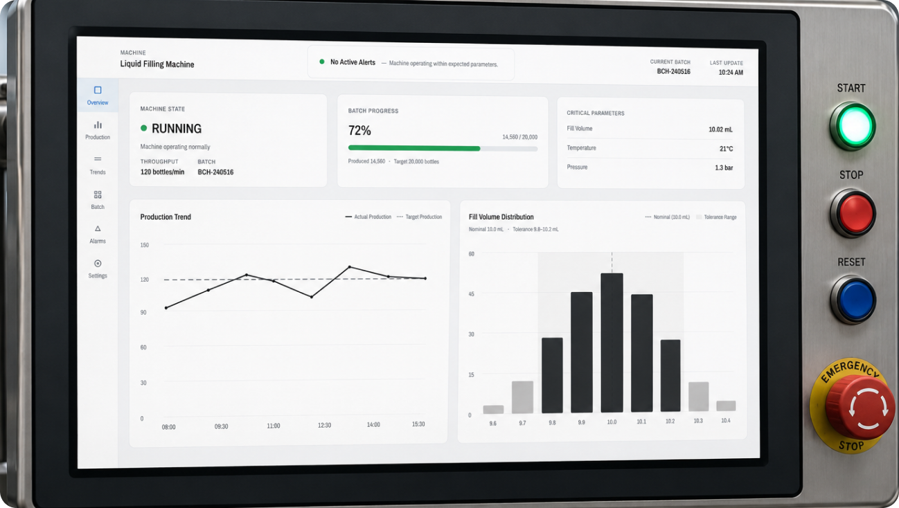 Industrial HMI control panel displaying a data visualization dashboard with charts and machine status indicators